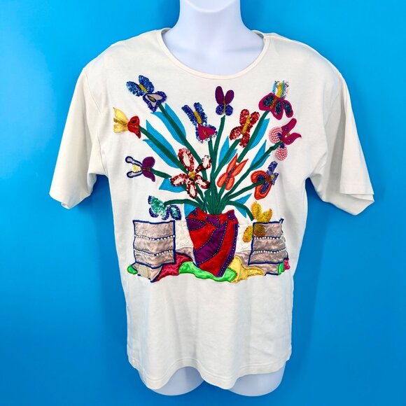 VINTAGE CARDUCCI EMBROIDERED BEADED SEQUIN FLORAL T-SHIRT TOP - M - Picture 1 of 11